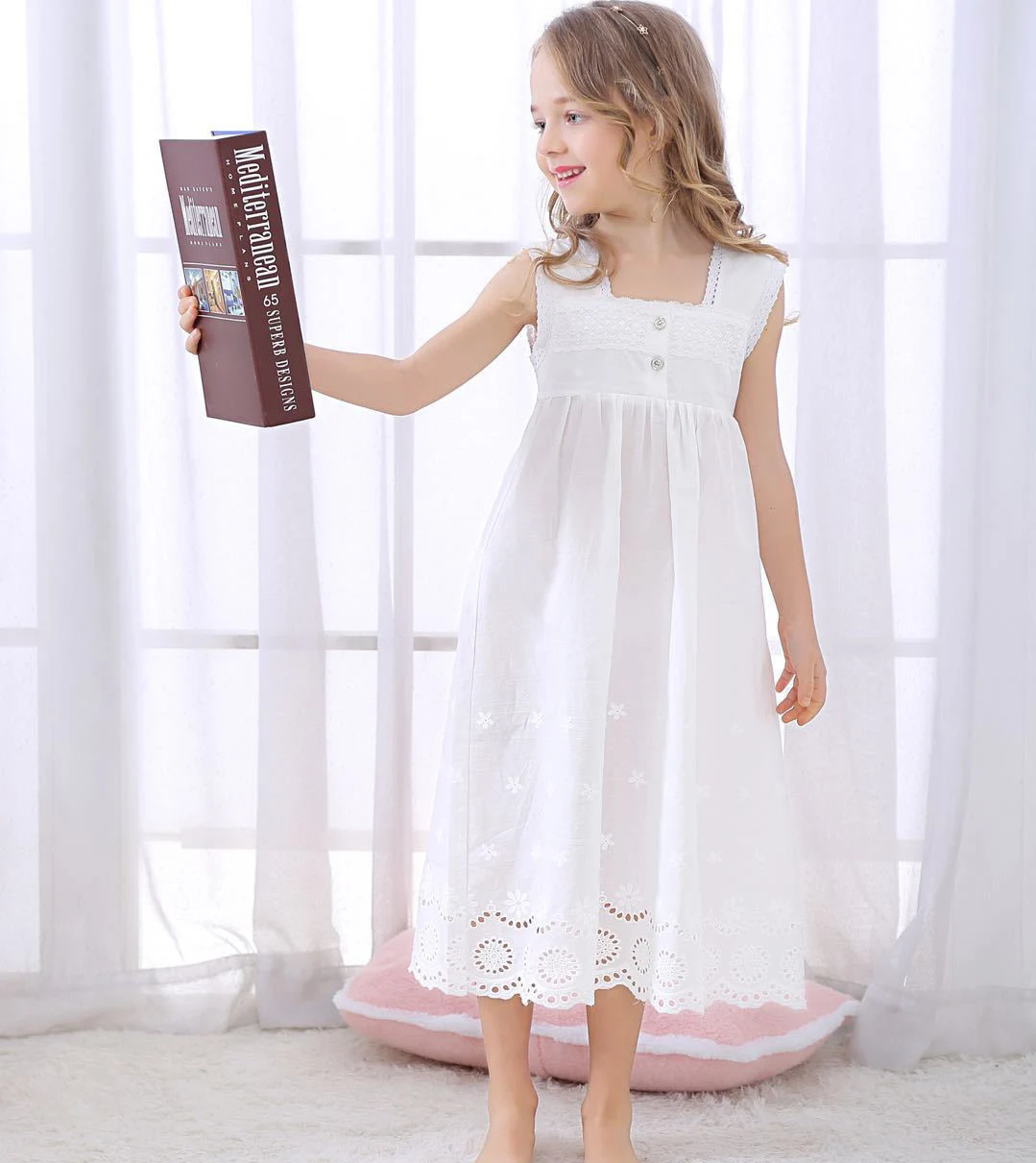 Verão de Manga Vestido para Meninas Curta Bordado Rendas Meninas Princesa Noite Algodão Branco Pijamas Vestido 2020 2 Mamãe e Bebê