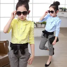 Autumn Baby Girls Clothing Sets Vetement Fille Blouse+Gray Plaid Pants Children Clothing 4-14 Years Old Conjunto Infantil Menina