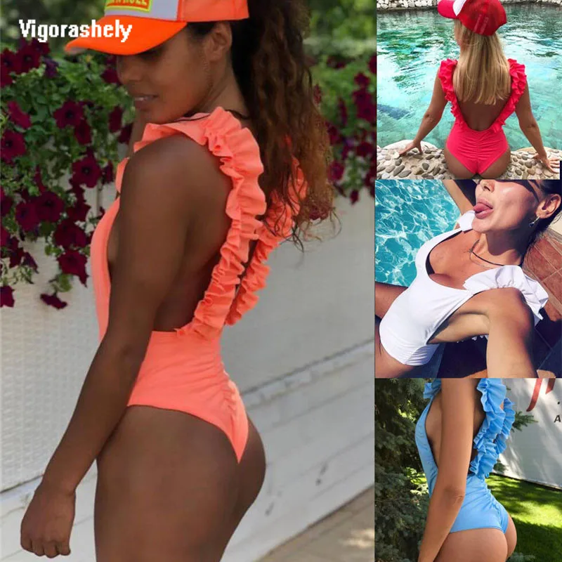 

Sexy One Piece Swimsuit Women Ruffle Strapped Summer Beachwear Push UP Swimwear 2019 Backless Bathing Suit Monokini Bodysuit