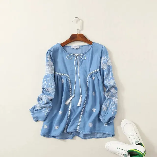 Denim Lace Up Shirts For Women's 25017 