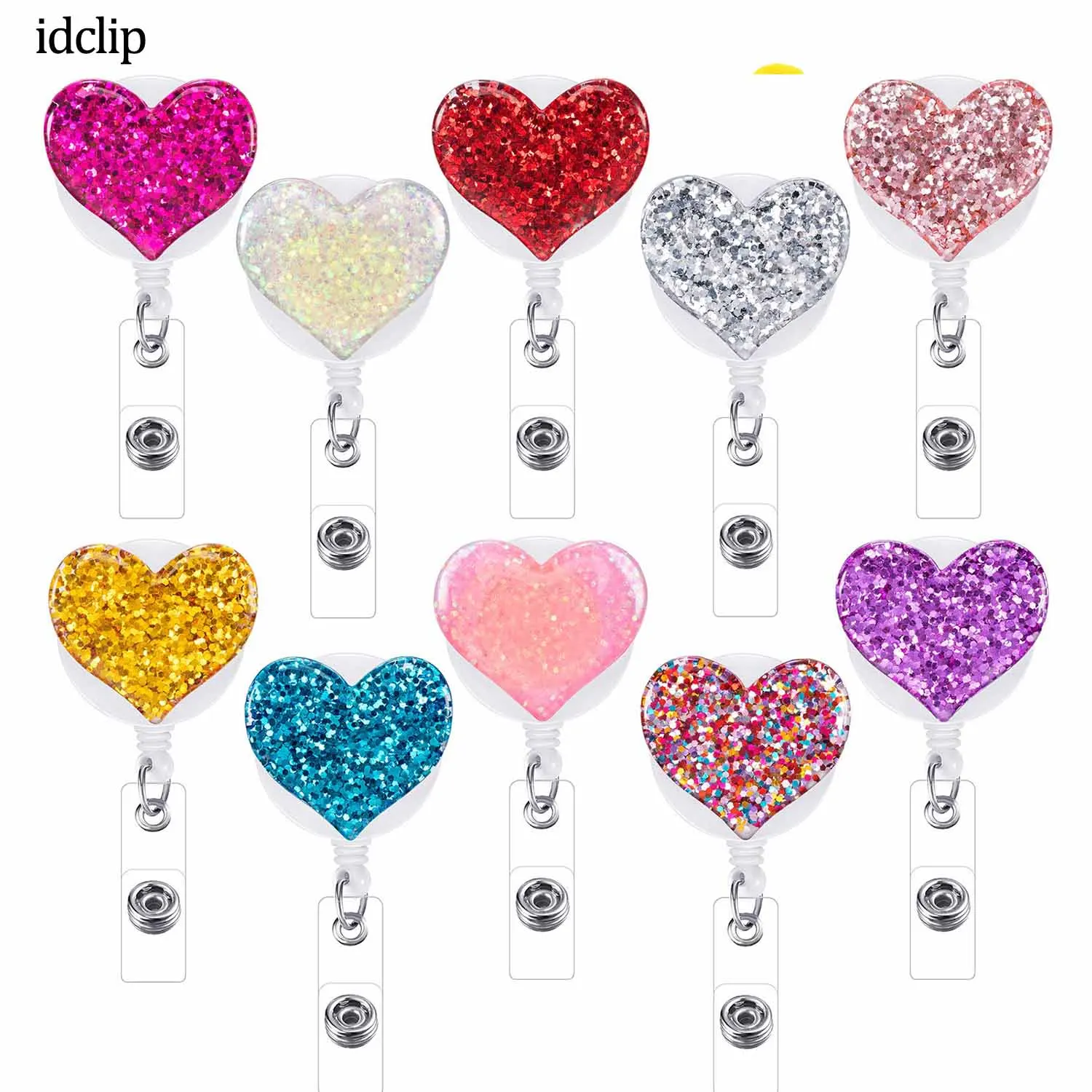 

idclip 10 Pcs Bling Love Heart Retractable Badge Holder Badge Clips for Nurse ID Badge Reel with Alligator Clip