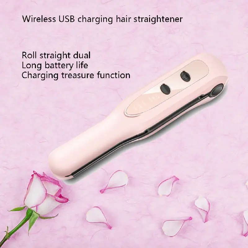 

2 in 1 Mini Wireless USB Rechargeable Hair Straightener Curler 3D Floating Flat Iron Double Heating Plate Hair Curling
