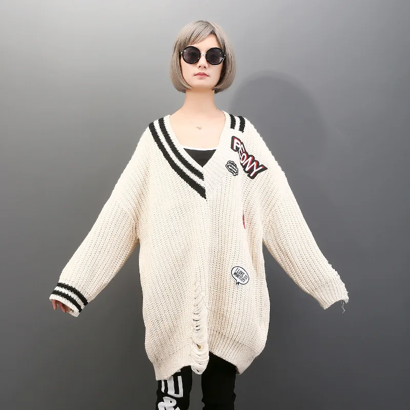 Loose Casual Cotton V Collar Women Sweater Letters Print Fashion Women