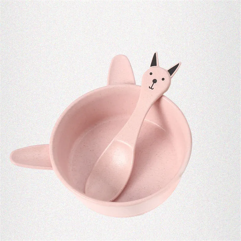 Lovely Children Tableware Set Big Ears Rabbit Shape Bowl+Fun Pattern Spoon Wheat Straw Material Kids Resistance Feeding Bowl