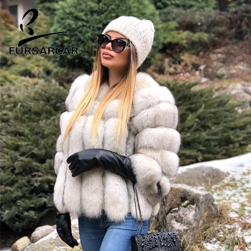 

FURSARCAR 2018 Fashion Genuine Leather Natural Fox Fur Coat For Women O-Neck 55 CM Short Female Fox Fur Jacket