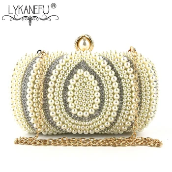 

LYKANEFU Beading Pearls Box Banquet Evening Bag Women Bag Ladies Purse Day Clutches Bride Wedding Chain Shoulder Bags