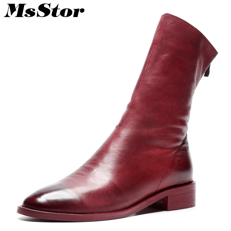 

Msstor Women Boots New Arrive Low Heel Ankle Boots For Woman Round Toe Square heel Zipper Genuine Leather Boot Shoes For Girl