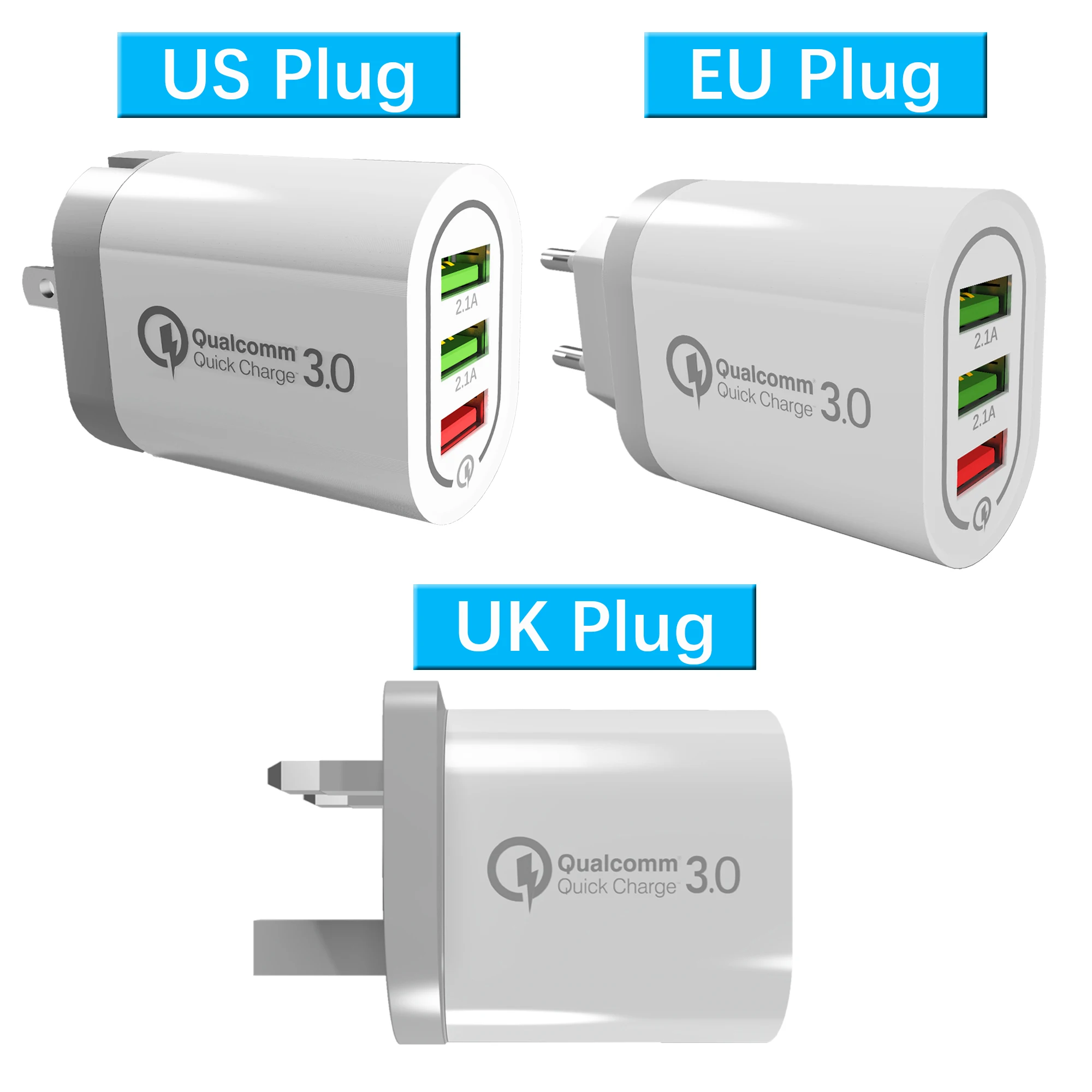 Быстрая зарядка EU US Plug QC 3,0 настенное зарядное устройство 5 В/9 В/12 в 18 Вт 3 порта для смартфона Qualcomm QC3.0 Быстрый домашний адаптер