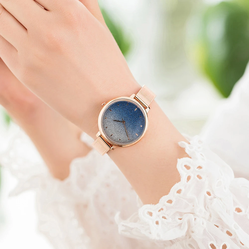 

Gradient Color Starry Sky Dial Women Fashion Wrist Watches 2019 Rose Gold Stainless Steel Mesh Strap Luxury Female Quartz Watch