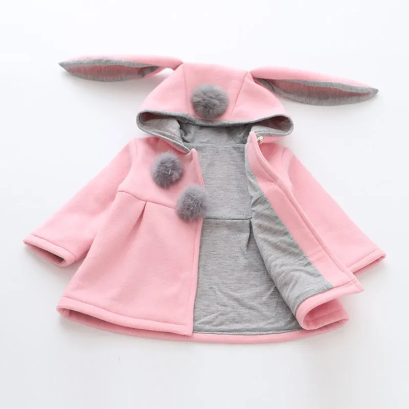 Осенне-зимние теплые детские пальто с длинными рукавами для девочек; детская верхняя одежда с капюшоном и милыми заячьими ушками; детские куртки; пальто