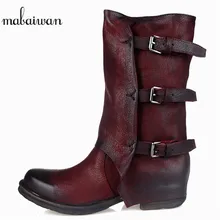 Mabaiwan/новые винтажные женские ботинки из натуральной кожи винно-красного цвета обувь на Плоском Каблуке осенне-зимние ботинки мотоциклетные ботинки в стиле милитари