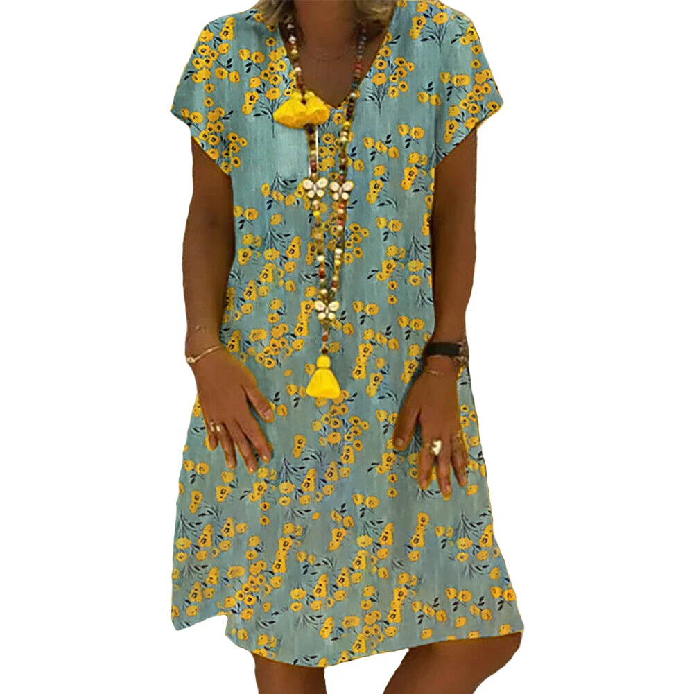

Womens Floral Printed Short Sleeve V-neck Dress Ladies Casual Hem Baggy Kaftan Plus Size