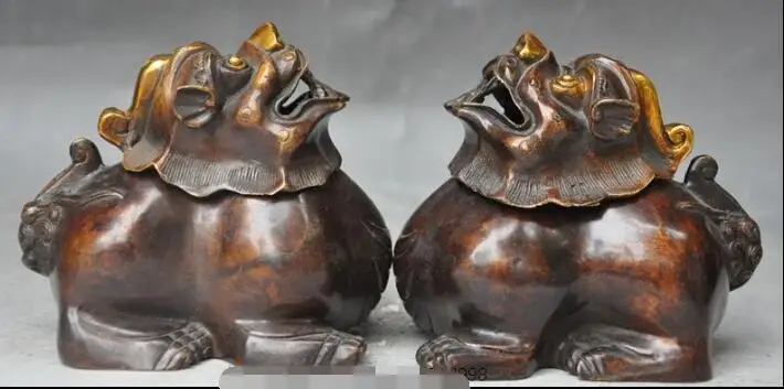 

S05734 mark china bronze gilt fengshui pixiu Unicorn statue incense burner Censer pair