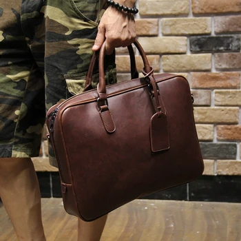 

Men's crazy horse pu leather briefcases male fashion brown business shoulder bags large handbag messenger bag work file bag
