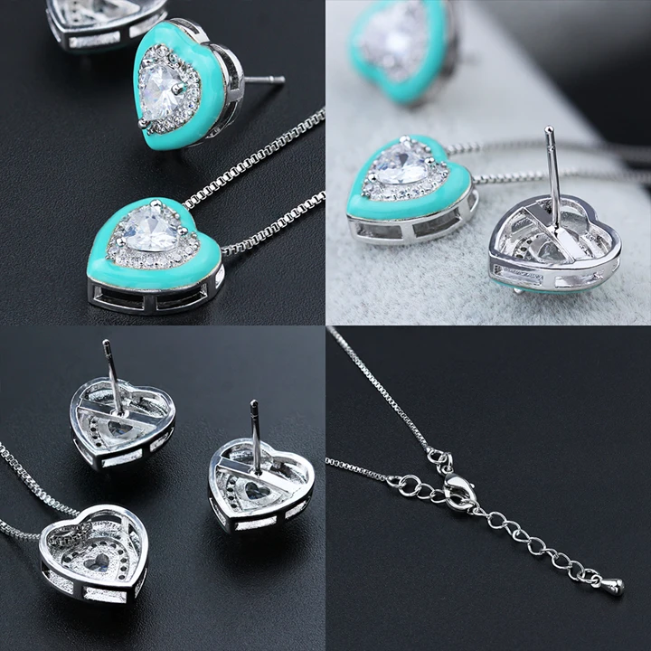 Newranos, эмалированные Ювелирные наборы в форме сердца, циркониевое ожерелье и серьги-гвоздики, наборы для женщин, модные ювелирные изделия SQM001562