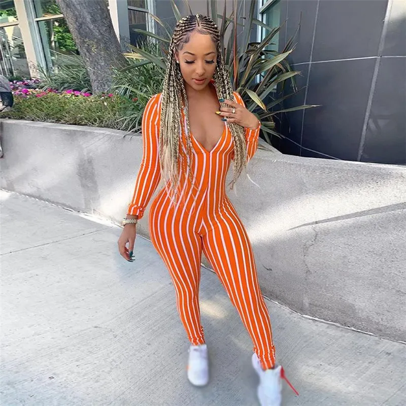 

Summer Strip Orange Playsuit Womens Workout Jumpsuit Skinny Long Sleeve V-Deep Overalls Bodysuit