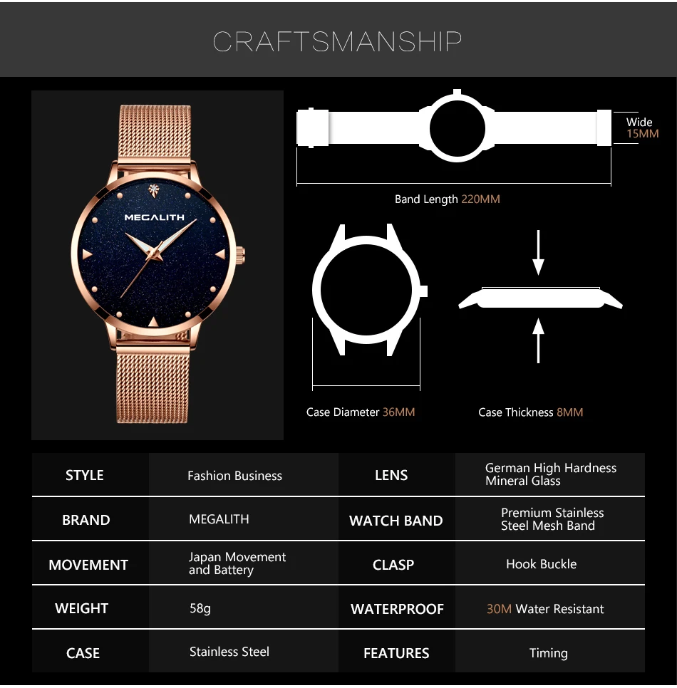 MEGALITH Роскошные модные наручные часы женские часы Топ люксовый бренд Простой стиль кварцевые часы женский, сетчатый ремешок Relogio Masculino