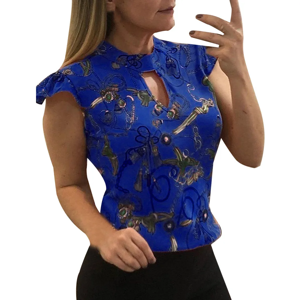 Женские топы и блузки, туника с цветочным принтом, открытая блузка с коротким рукавом, корейские летние женские топы, женская одежда - Цвет: Синий