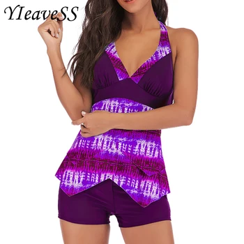 

2019 New Plus Size 5XL Swimwear Women Bathing Suits Tankini Set Two Piece Swimsuit Print High Waist Swimming Shorts Suits