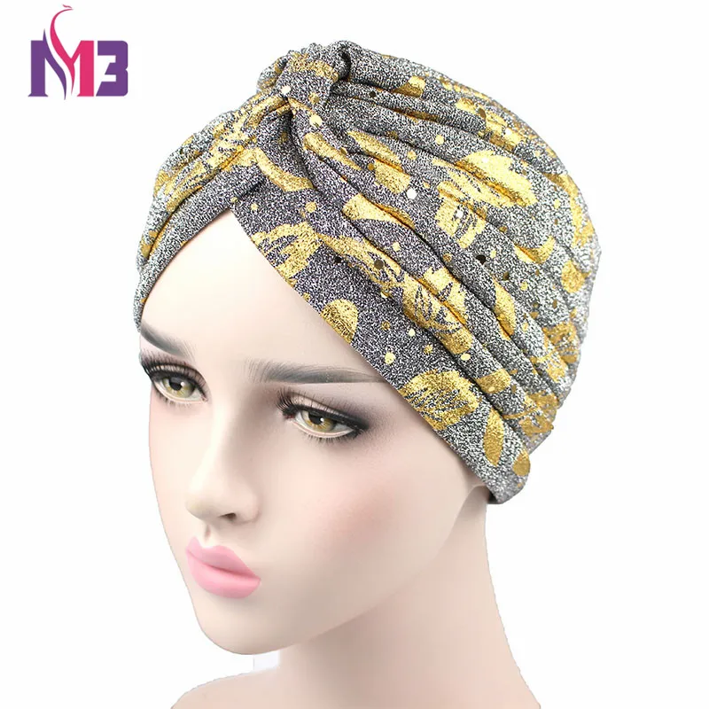 Новая мода женский золотой тюрбан с принтом дышащий Блестящий женский Твист Тюрбан повязка для головы хиджаб шляпа головной убор для химиотерапии тюрбан