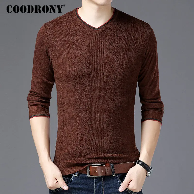Бренд COODRONY, свитер для мужчин, уличная одежда, на каждый день, v-образный вырез, трикотаж, Pull Homme, хлопок, шерстяной пуловер для мужчин,, осенние мужские свитера, 91035 - Цвет: Coffee