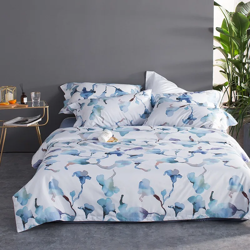 Posodono 100 Egyptian Cotton bedding set blue and white paint Quilt Case pastoral floral