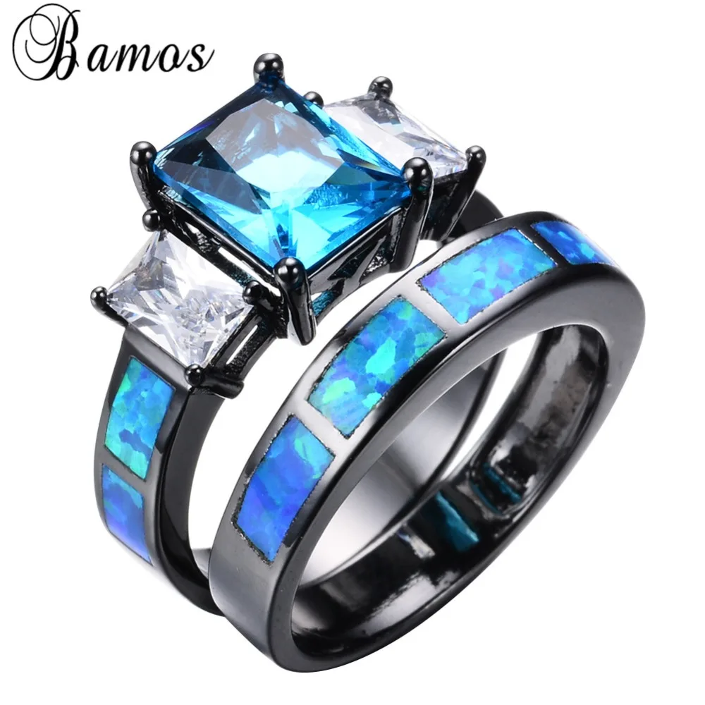 Bamos Unique Female Male Blue Fire Opal Ring Sets Black