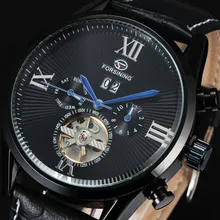2016 FORSINING Hombres Tourbillon Reloj Mecánico de Lujo Montre Hommes Hombre Negro Esqueleto Hollow Hardlex Relojes Automáticos