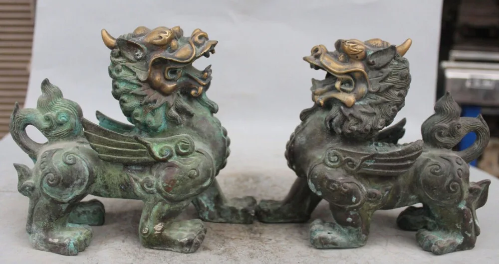 

004742 8" Chinese Folk Old Bronze Gilt Wealth Guardian beast PiXiu Unicorn Statue Pair