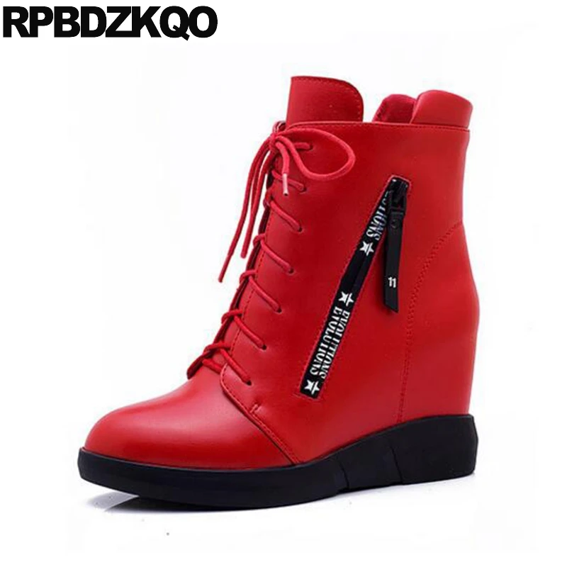

Red Round Toe Height Increasing High Heel Zipper Ankle Lace Up Booties Wedge Hidden Shoes Fall Waterproof Winter Boots Women