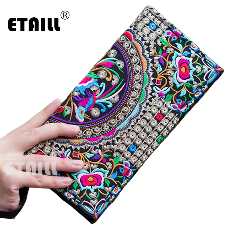 

Embroidered Wallet Purse Handmade Ethnic Flowers Embroidery Women Long Wallet Famous Evening Brand Day Clutch Monederos Etnicos