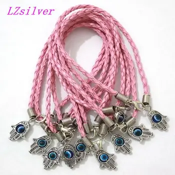 

100pcs Hamsa Hand Pink String Eye bead Lucky Charm Leatheroid Braided String Bracelets for Good Luck & Success 01761