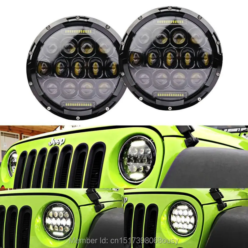 Pair 7inch Round Black Led Headlight With DRL Hi Lo Beam For Jeeps Wrangler JK Harley