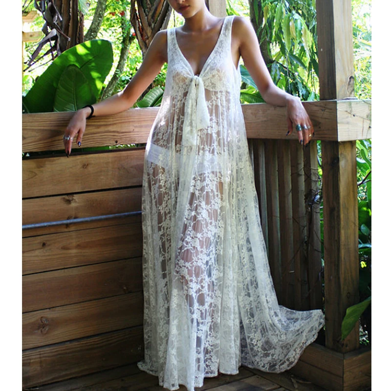 

Crochet lace beach dress deep V neck sexy cover up saida de praia lady long beach covers up beachwear women bathing suit
