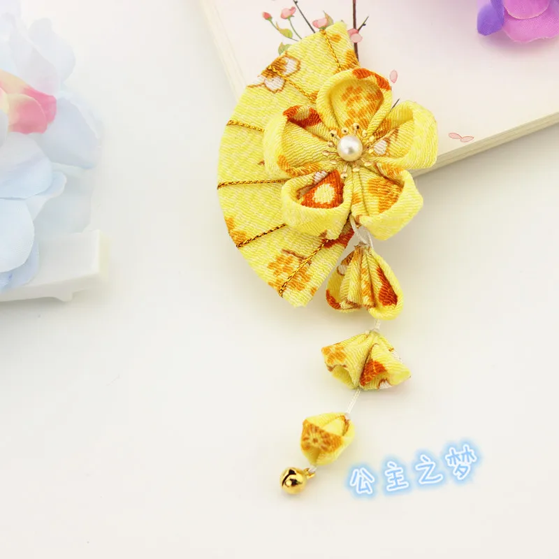 Maru-tsuami Kanzashi Zaiku Fan Sakura Hairclip традиционный японский цветочный стиль кимоно с кистями аксессуар Гейша ручной работы HW003 - Цвет: Цвет: желтый