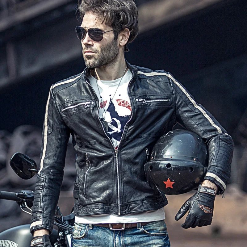 Motorcycle leather men's thin jacket Slim Korean version of vegetable tanned sheep handsome | Мужская одежда