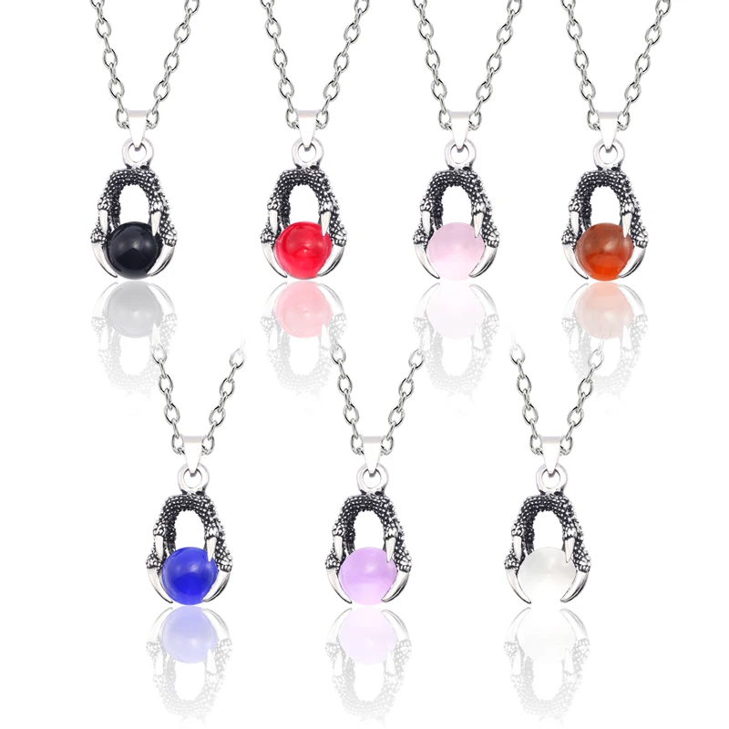 

New Retro Dragon Claw Necklace For Women Ancient Silver Metal Claws Men And Women Models Colorful Crystal Ball Necklace Pendants