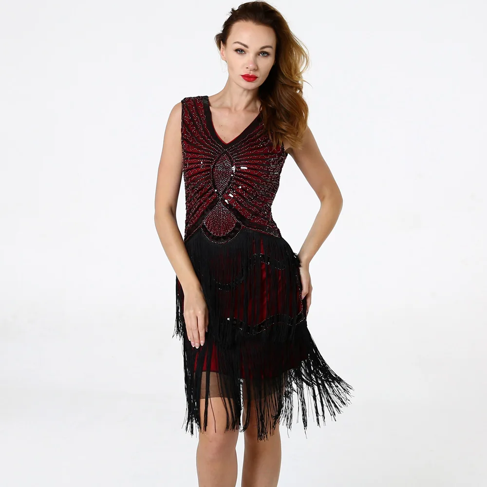 BLINGSTORY/винтажное платье 1920s с воланами, платье с кисточками, блестящий бисер, вечерние летние платья vestido de festa Longo - Цвет: Burgundy