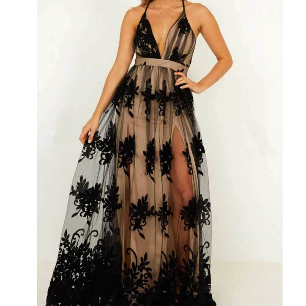 

Missord 2019 Women Off Shoulder Sexy Deep V Mesh Maxi Elegant Dresses Female Backless Dress FT19528-1