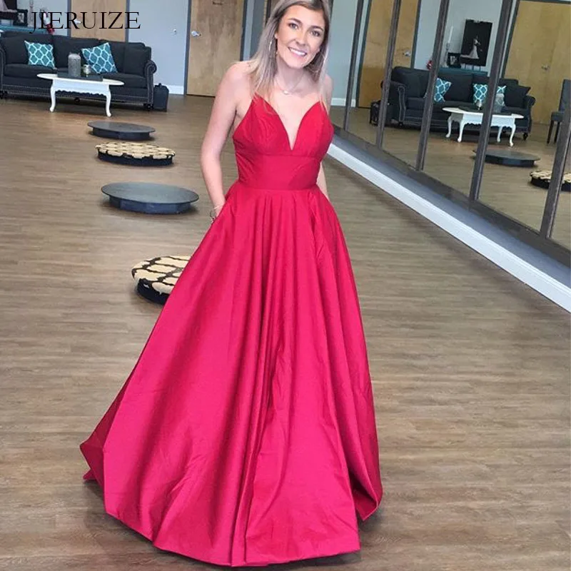 

JIERUIZE Fuchsia simple Evening Dresses long v-neck spaghetti straps Long Prom Party Dresses Evening Gowns Cheap Formal Dress