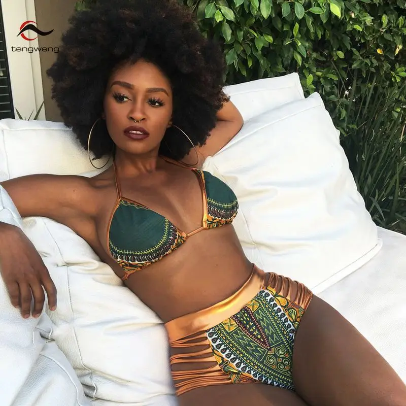 

Tengweng 2017 African Print Two-Pieces BathingSuit Halter Bikini Set Sexy Geometric Swimwear High Waist Swimsuit Gold  Brazilian