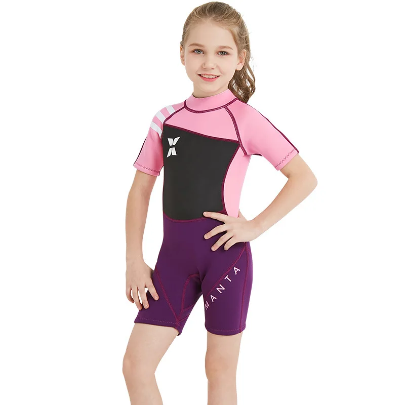 

GI FOREVER Girl Neoprene One Piece Suit Chidren Patchwork Swimwear 2018 Short Sleeve Swimsuit Bathing Suit Maillot De Bai