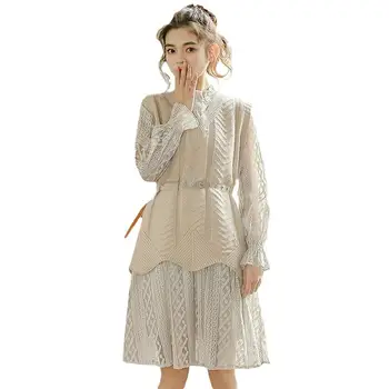 

2019 Spring Autumn Womens V-Neck Knit Sweater Vest + Petal Sleeve Lace Dress Sets Solid Color Female Casual 2 Pieces Suits J130