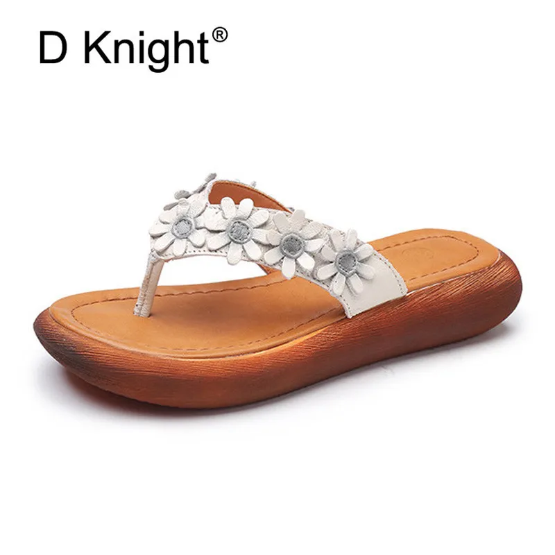 2018 Summer New Flip Flops Original Leather Sweet Flower Women Sandals Comfortable Slope Lady Flat Platform Shoes Ethnic Slipper (3)