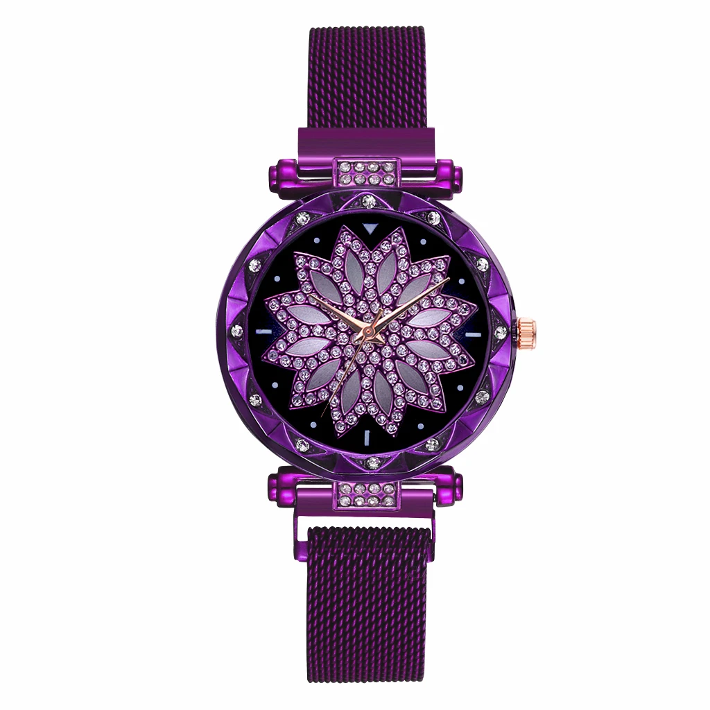 Лидер продаж, женские часы с магнитной пряжкой, звездное небо, цветок, роскошные женские Стразы, кварцевые часы, часы, Relogio Feminino, дропшиппинг - Цвет: purple