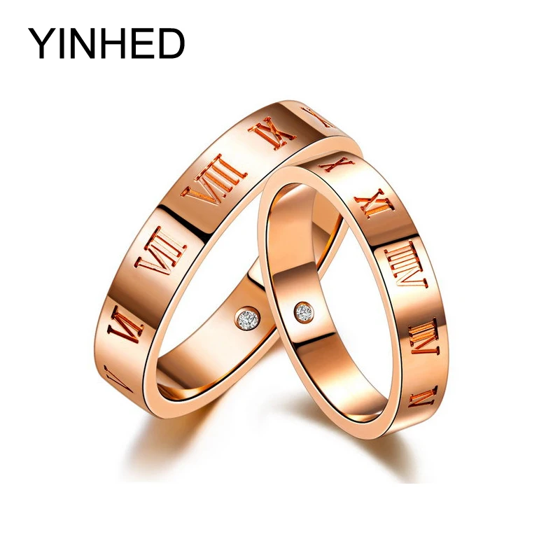 YINHED Rose Gold Rings Set For Women and Men Wedding Engagement Jewelry Roman Numeral Couple Rings Anniversary Gift JZ023