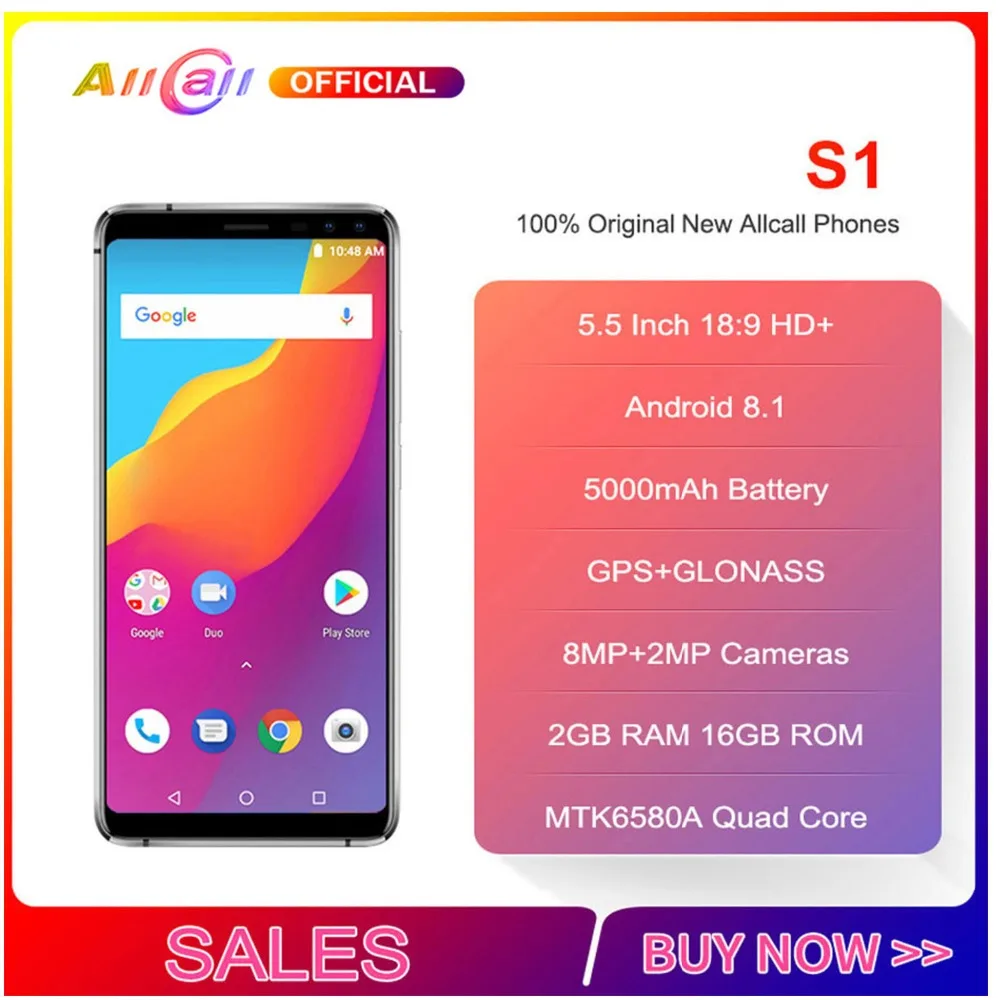 

Original Allcall S1 5.5" 18:9 5000mah Battery Android 8.1 Mtk6580a Quad Core 2gb Ram 16gb Rom 8mp+2mp Cameras Smartphone