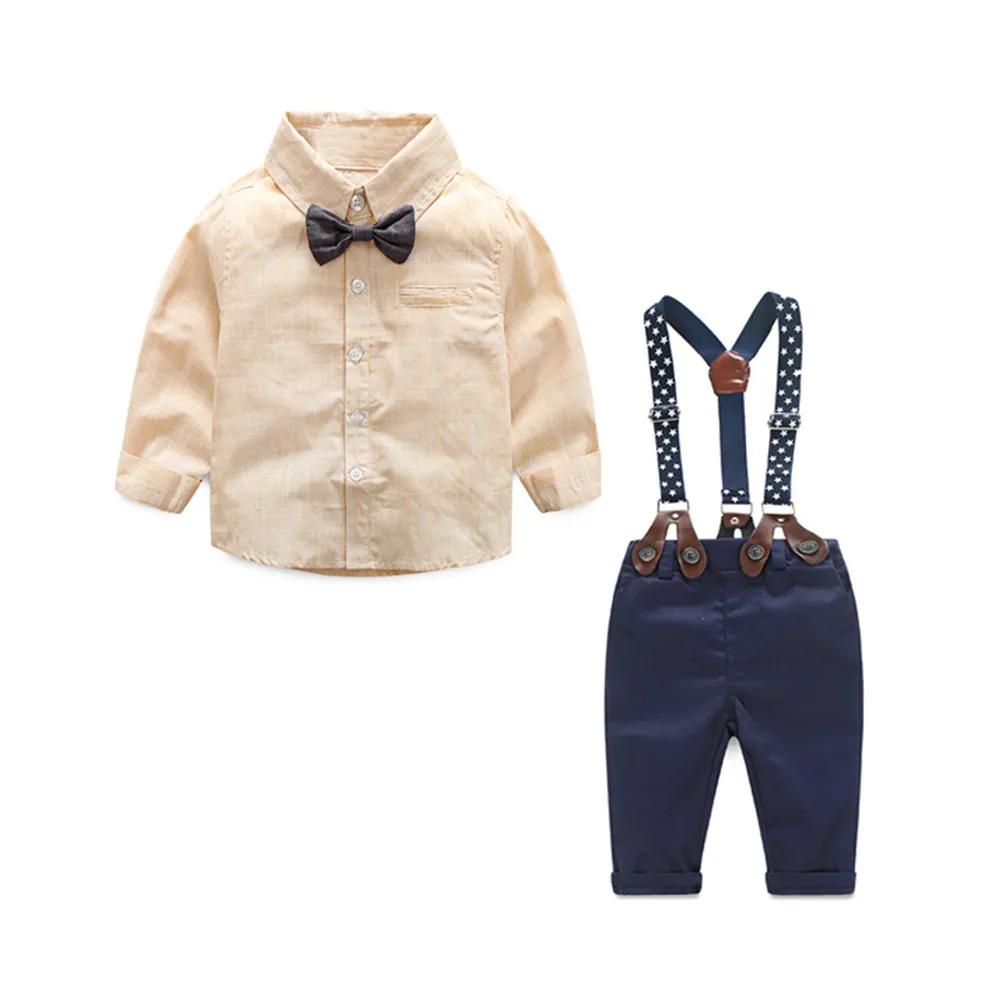 Новинка, повседневные осенние комплекты одежды для маленьких мальчиков комплекты одежды с бантом для маленьких джентльменов рубашка+ комбинезон комплект из 2 предметов