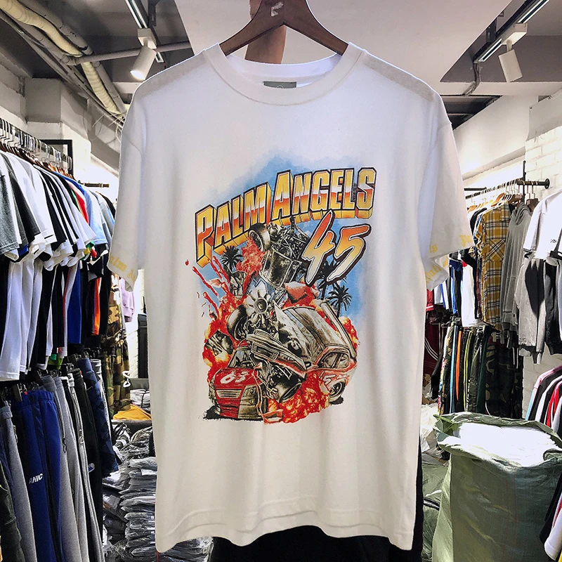 

2019 New Palm Angels Car Cartoon Printing T Shirts Spring And Summer Style Loose Short Sleeve 19SS Palm Angels Cotton Top Tees