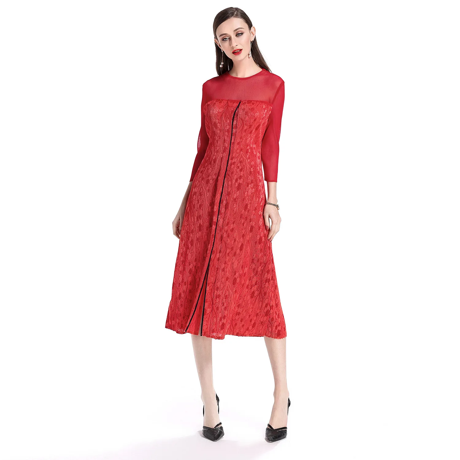 

spring and summer elegant dress miyake pleated silk gauze seven sleeve dress free shipping